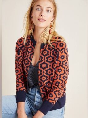 Anthropologie Bonnie Knit Bomber Sweater Jacket Orange/Navy Pattern size SP